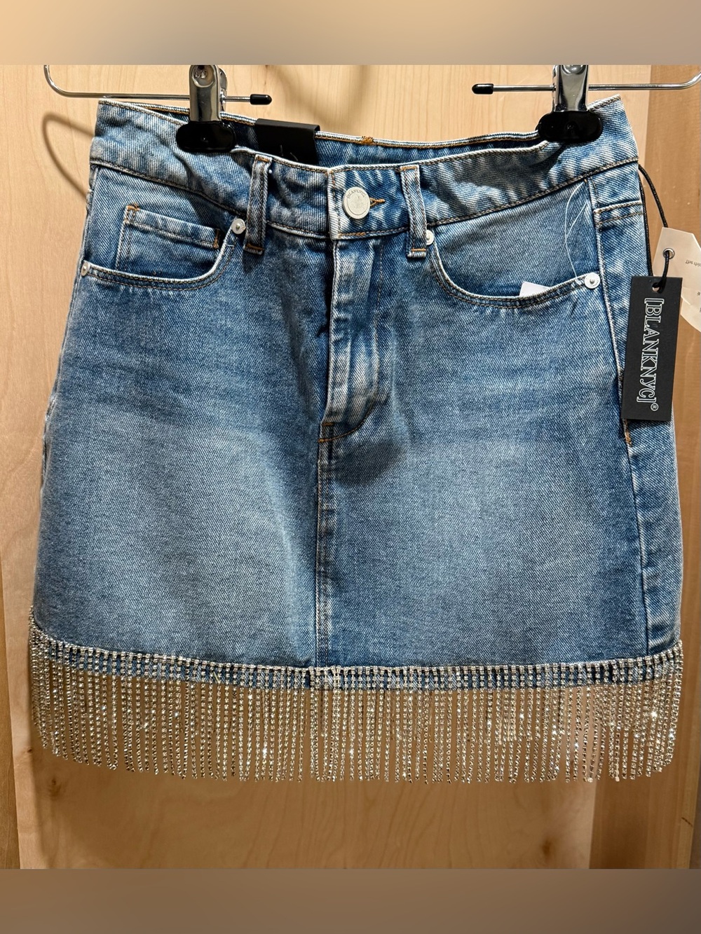 Blank NYC Denim Mini Skirt with Silver Fringe Size 26 NEW